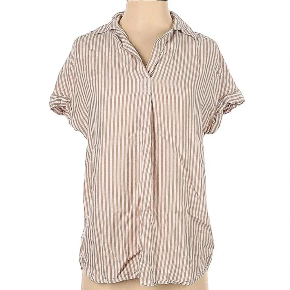 BeachLunchLounge Stripes Collar Short Sleeve Top Size Small